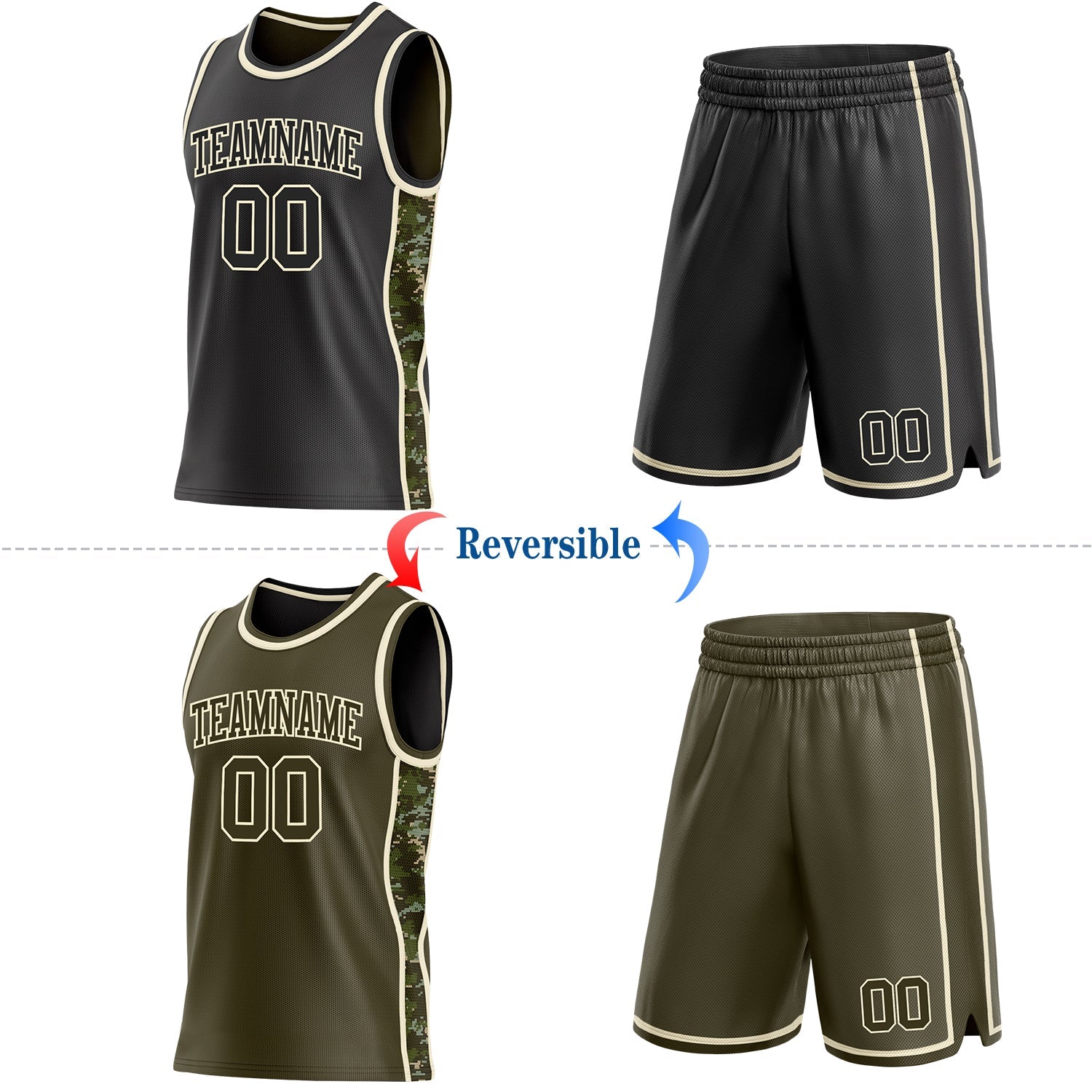 Custom Black(Olive)-Cream Digital Camo Side Panel Stripe Reversible Double Side Sublimation Basketball Set Jersey view 2