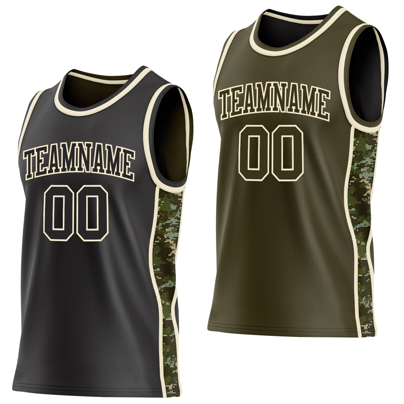 Custom Black(Olive)-Cream Digital Camo Side Panel Stripe Reversible Double Side Sublimation Basketball Set Jersey - Main View