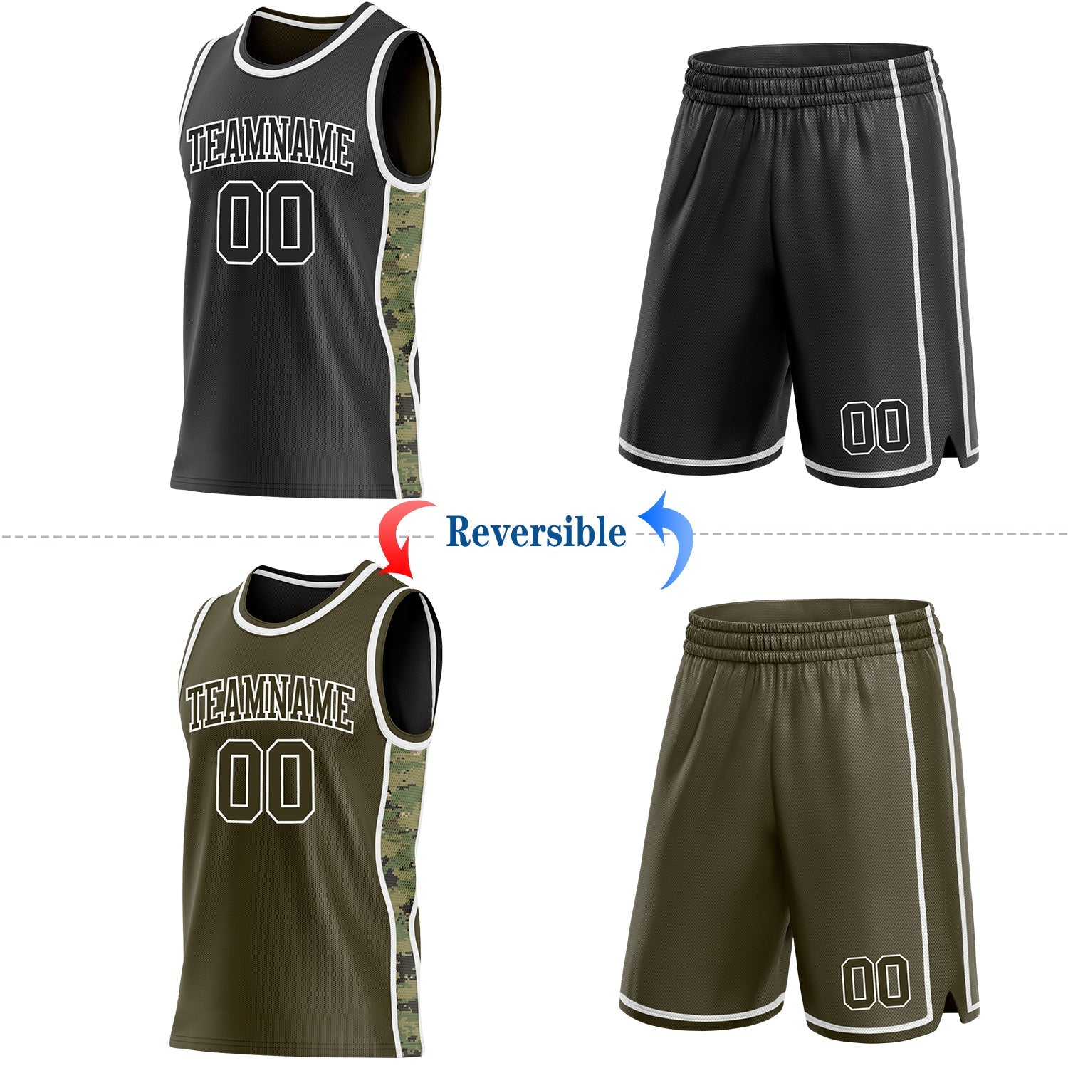 Custom Black(Olive)-White Digital Camo Side Panel Stripe Reversible Double Side Sublimation Basketball Set Jersey view 2