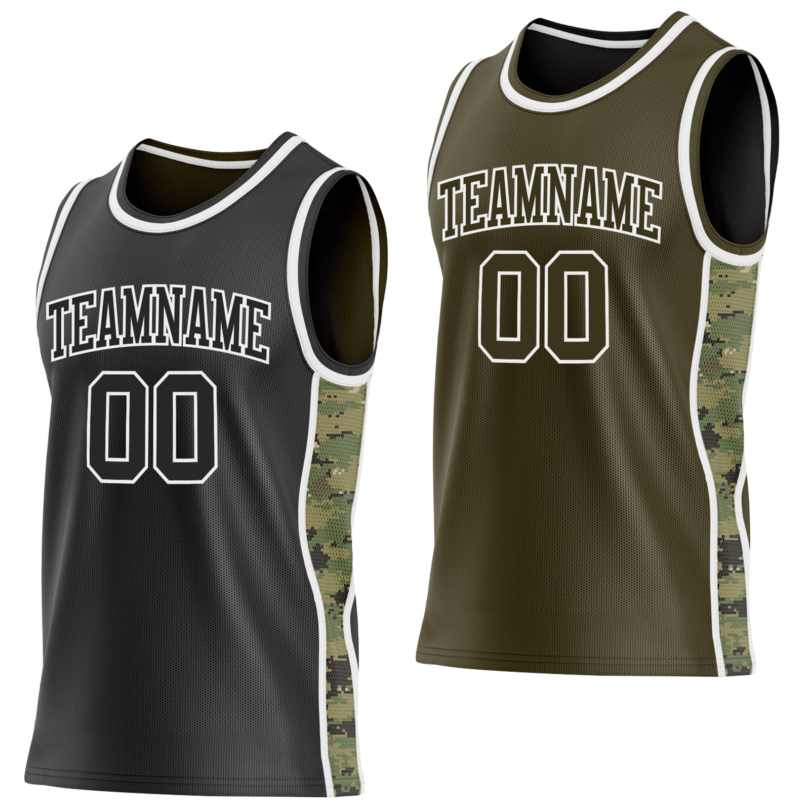 Custom Black(Olive)-White Digital Camo Side Panel Stripe Reversible Double Side Sublimation Basketball Set Jersey - Main View