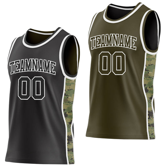 Custom Black(Olive)-White Digital Camo Side Panel Stripe Reversible Double Side Sublimation Basketball Set Jersey - Main View
