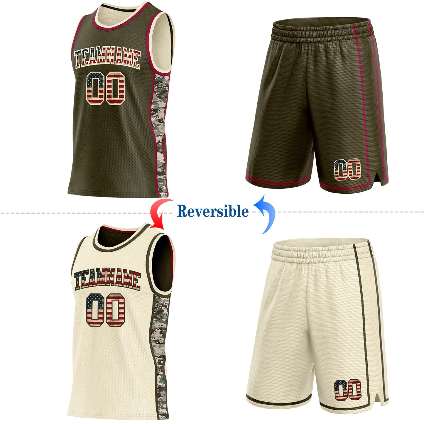 Custom Olive Vintage USA Flag Cream-Maroon Digital Camo Side Panel Stripe Reversible Double Side Sublimation Basketball Set Jersey view 2