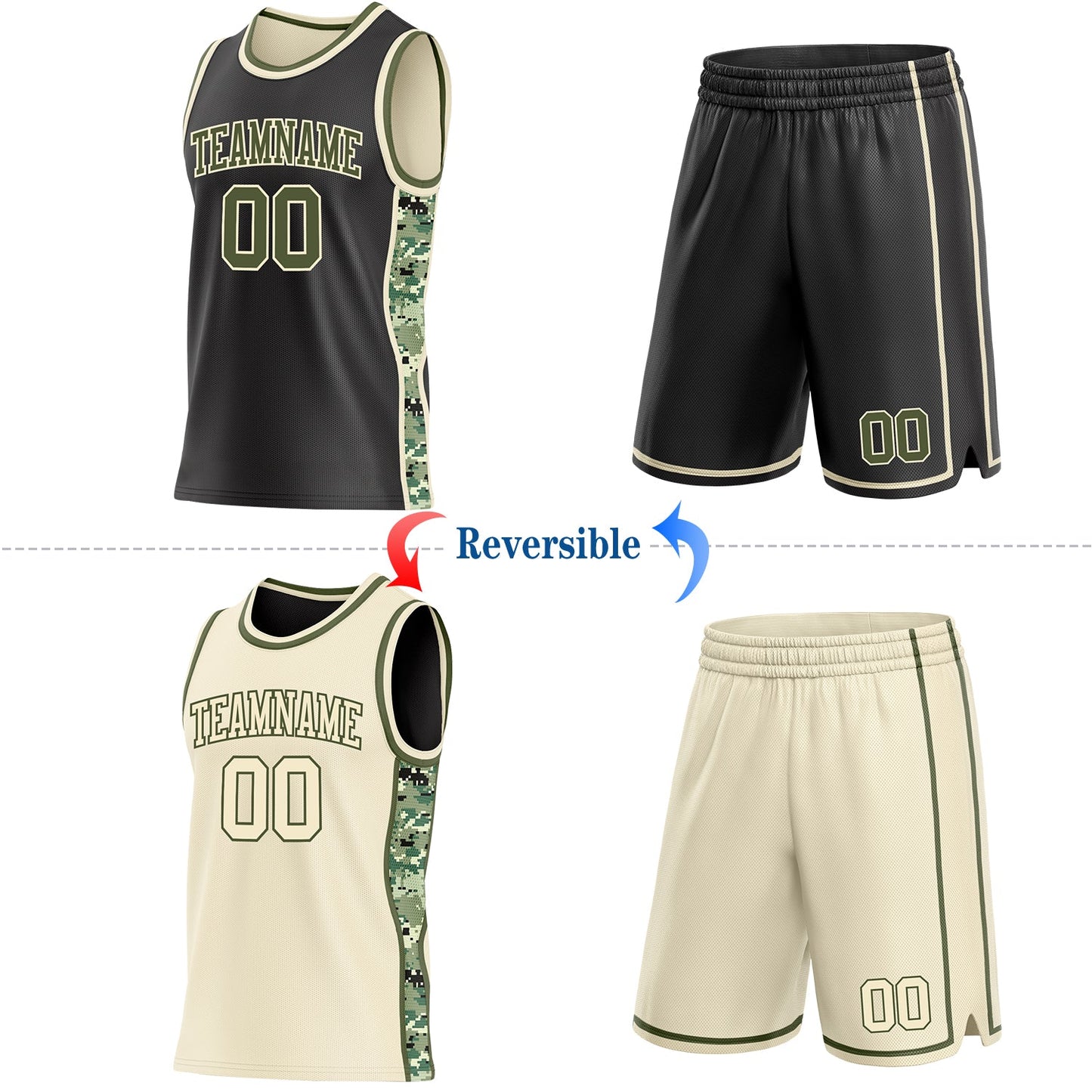 Custom Black Olive-Cream Digital Camo Side Panel Stripe Reversible Double Side Sublimation Basketball Set Jersey view 2