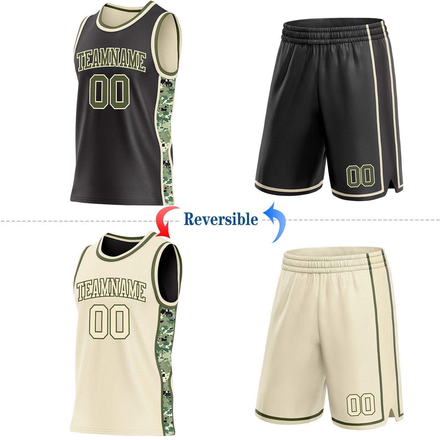 Custom Black Olive-Cream Digital Camo Side Panel Stripe Reversible Double Side Sublimation Basketball Set Jersey view 2