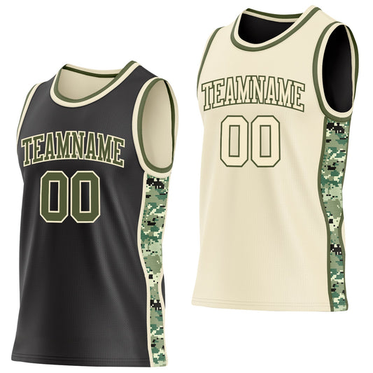 Custom Black Olive-Cream Digital Camo Side Panel Stripe Reversible Double Side Sublimation Basketball Set Jersey - Main View