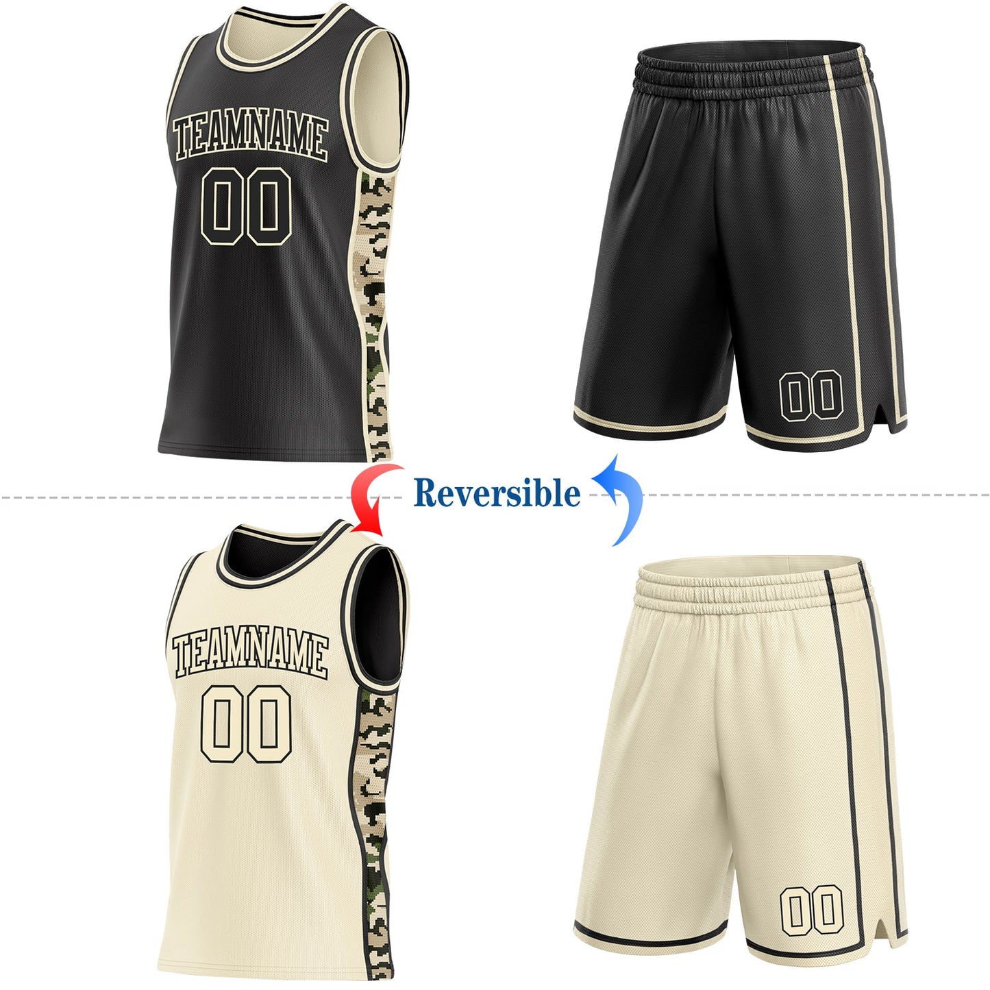 Custom Black-Cream Digital Camo Side Panel Stripe Reversible Double Side Sublimation Basketball Set Jersey view 2