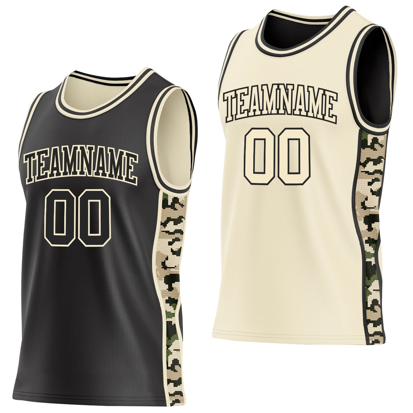Custom Black-Cream Digital Camo Side Panel Stripe Reversible Double Side Sublimation Basketball Set Jersey - Main View