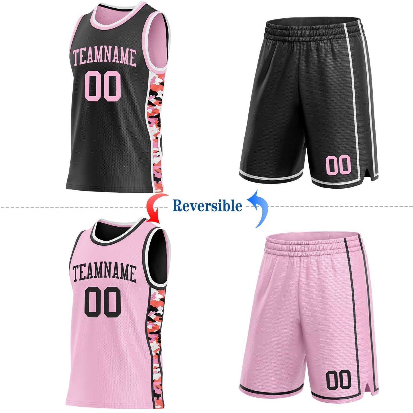 Custom Black Light Pink-White Digital Camo Side Panel Stripe Reversible Double Side Sublimation Basketball Set Jersey view 2