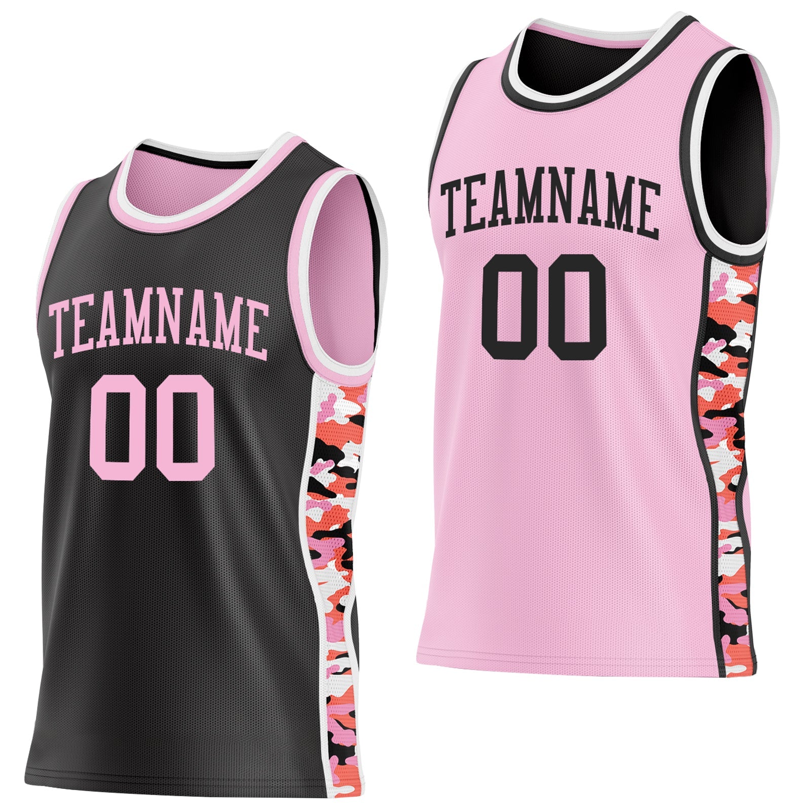 Custom Black Light Pink-White Digital Camo Side Panel Stripe Reversible Double Side Sublimation Basketball Set Jersey - Main View