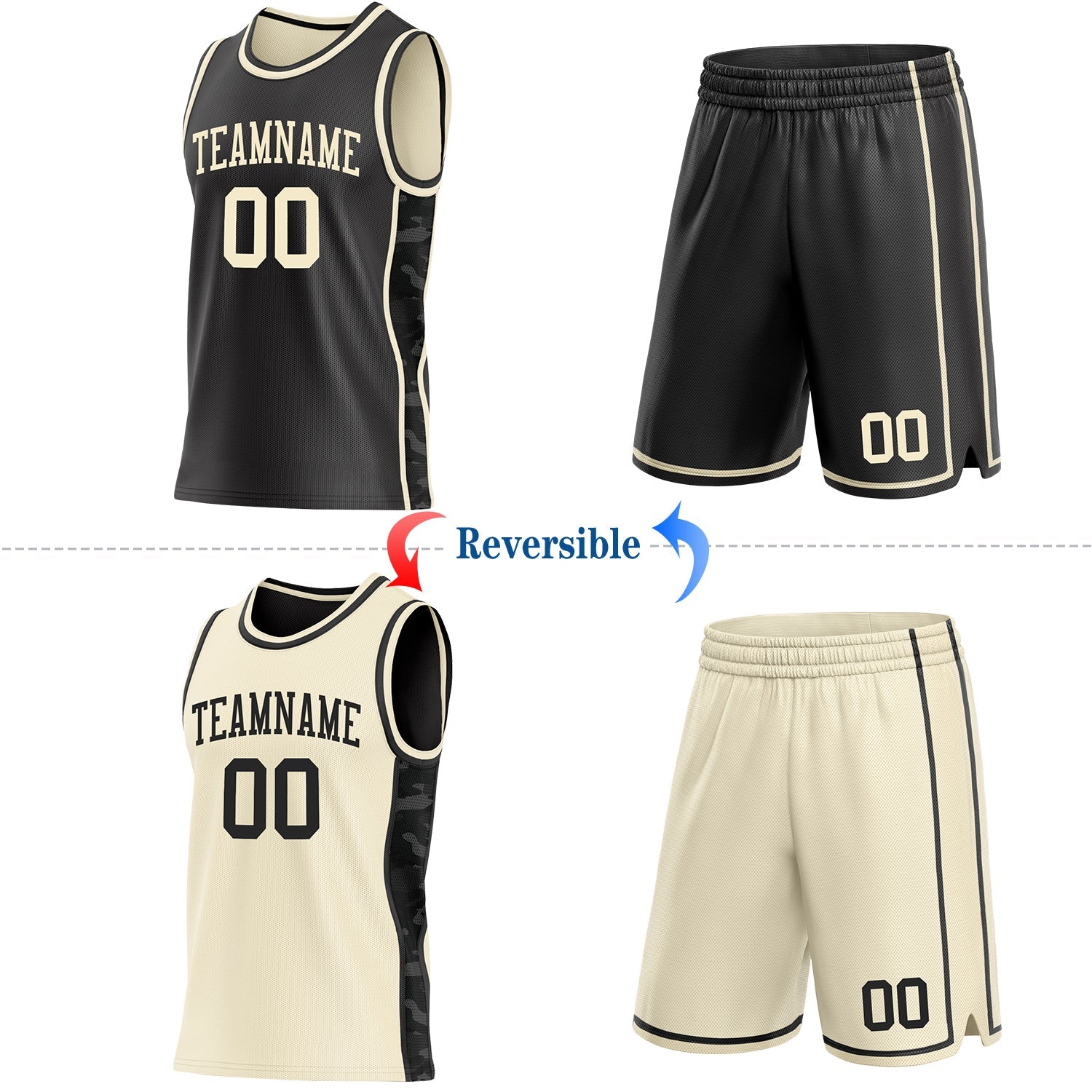 Custom Black-Cream Camo Side Panel Stripe Reversible Double Side Sublimation Basketball Set Jersey view 2