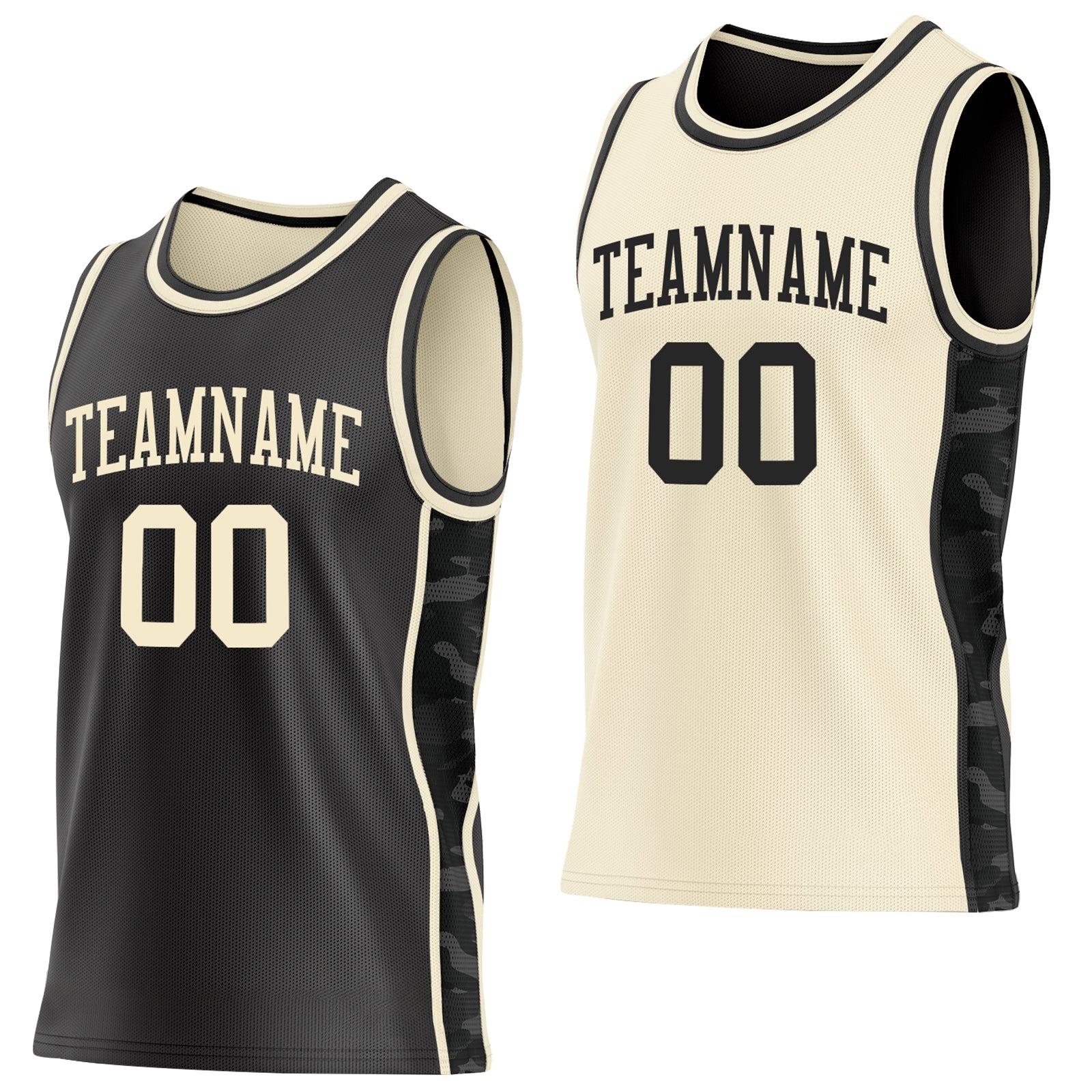 Custom Black-Cream Camo Side Panel Stripe Reversible Double Side Sublimation Basketball Set Jersey - Main View