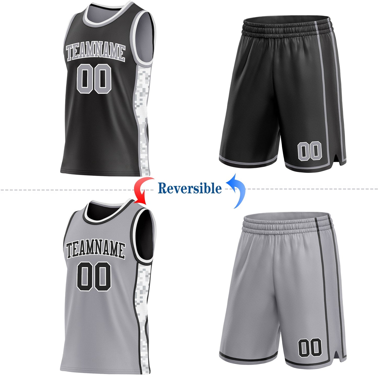 Custom Black Gray-White Arctic Camo Side Panel Stripe Reversible Double Side Sublimation Basketball Set Jersey view 2
