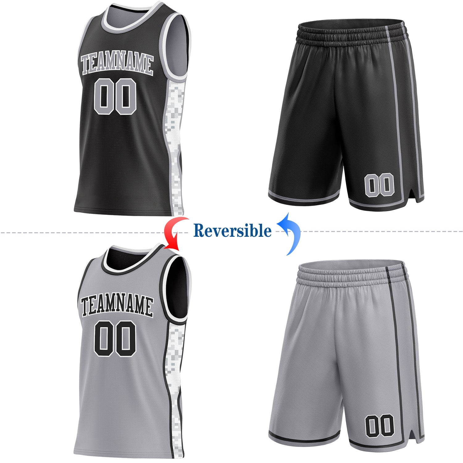 Custom Black Gray-White Arctic Camo Side Panel Stripe Reversible Double Side Sublimation Basketball Set Jersey view 2