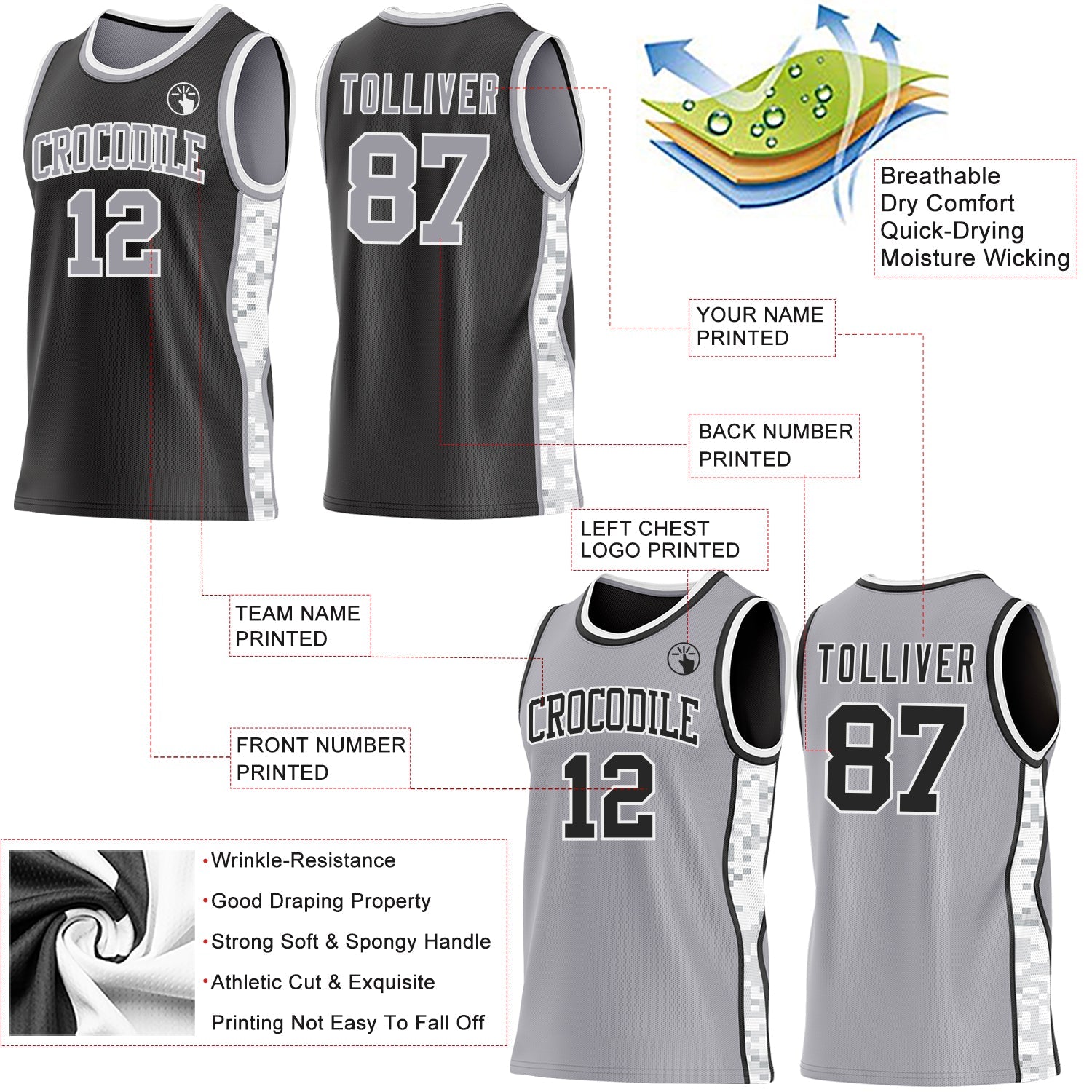 Custom Black Gray-White Arctic Camo Side Panel Stripe Reversible Double Side Sublimation Basketball Set Jersey view 3