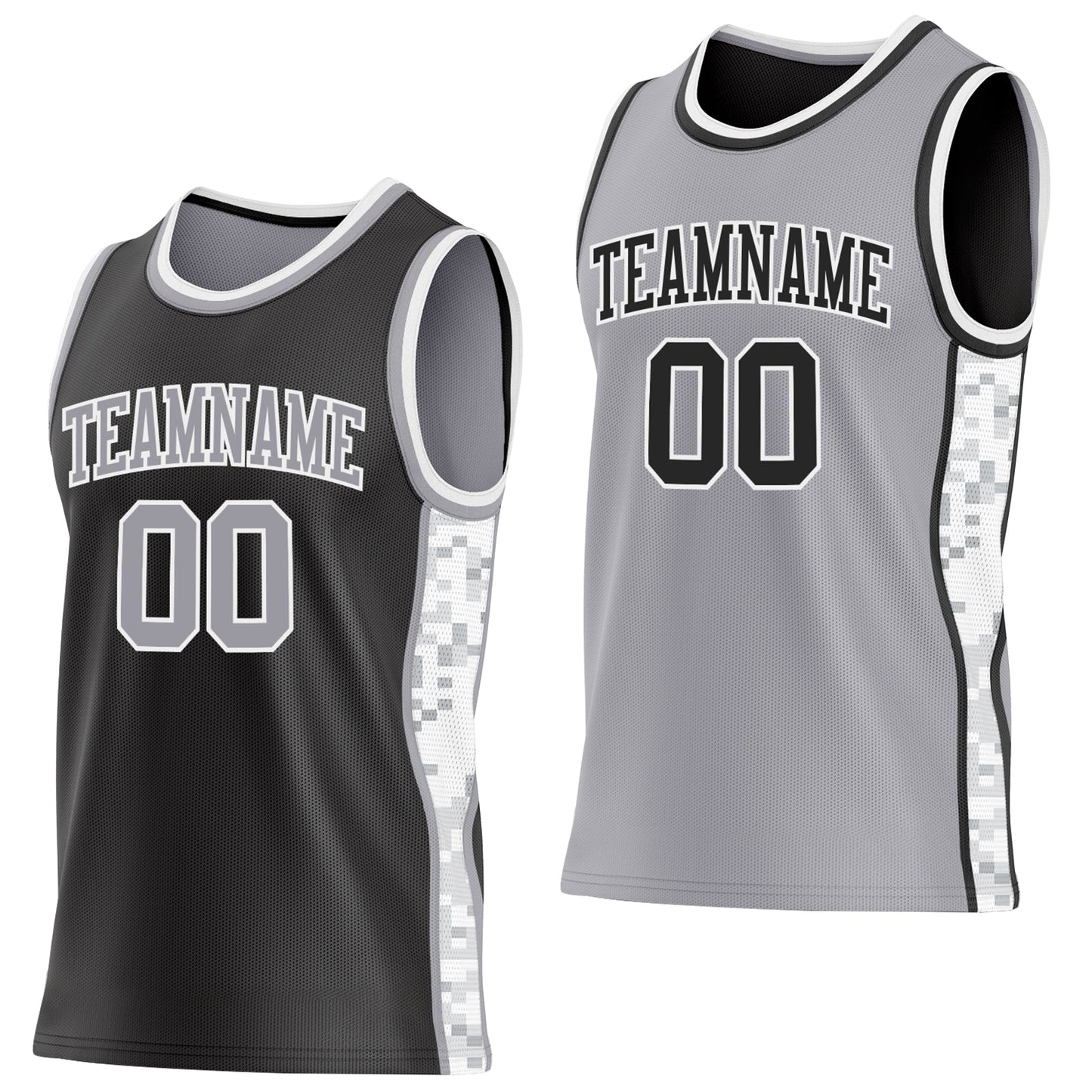 Custom Black Gray-White Arctic Camo Side Panel Stripe Reversible Double Side Sublimation Basketball Set Jersey - Main View