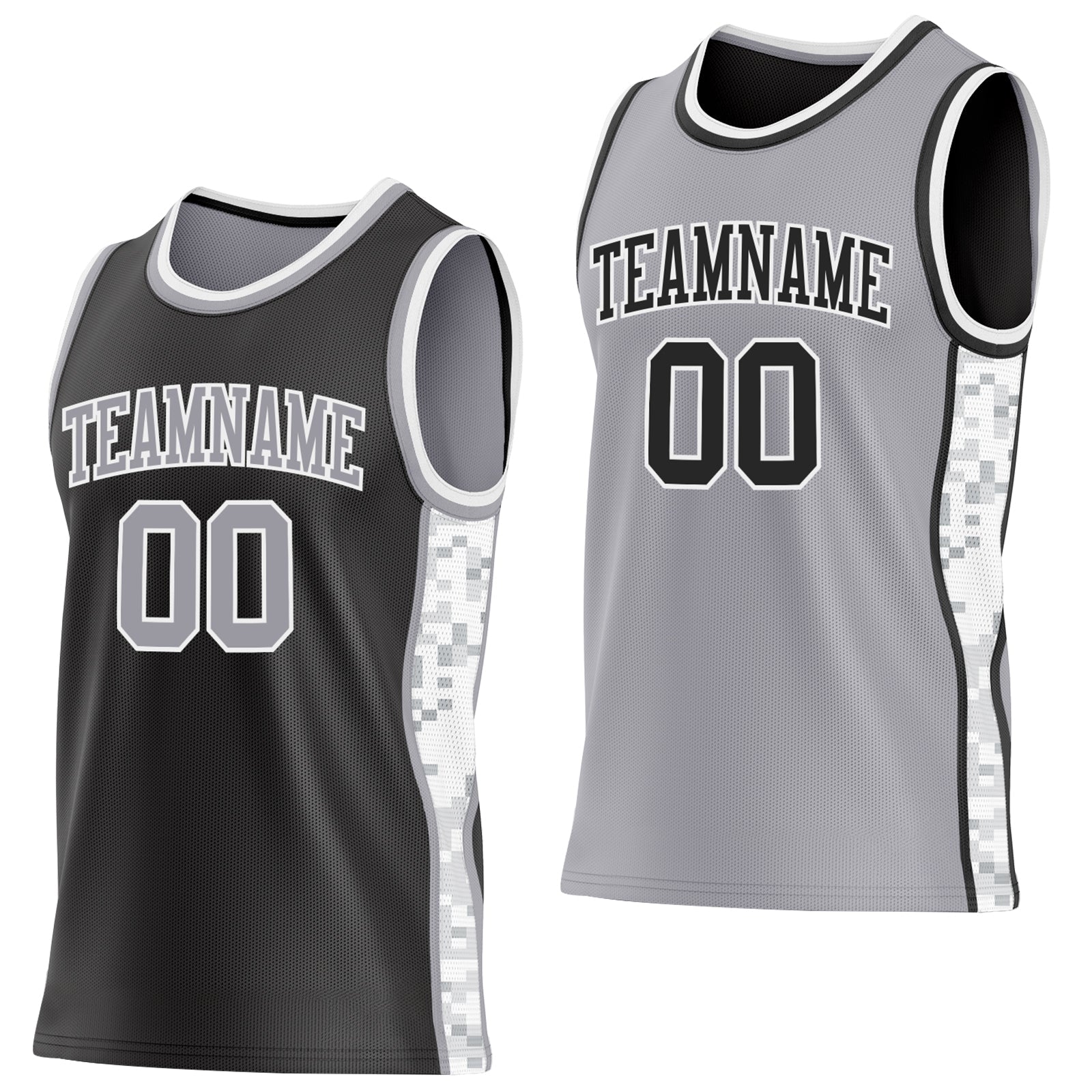 Custom Black Gray-White Arctic Camo Side Panel Stripe Reversible Double Side Sublimation Basketball Set Jersey - Main View