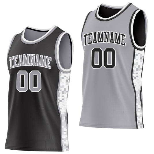 Custom Black Gray-White Arctic Camo Side Panel Stripe Reversible Double Side Sublimation Basketball Set Jersey - Main View