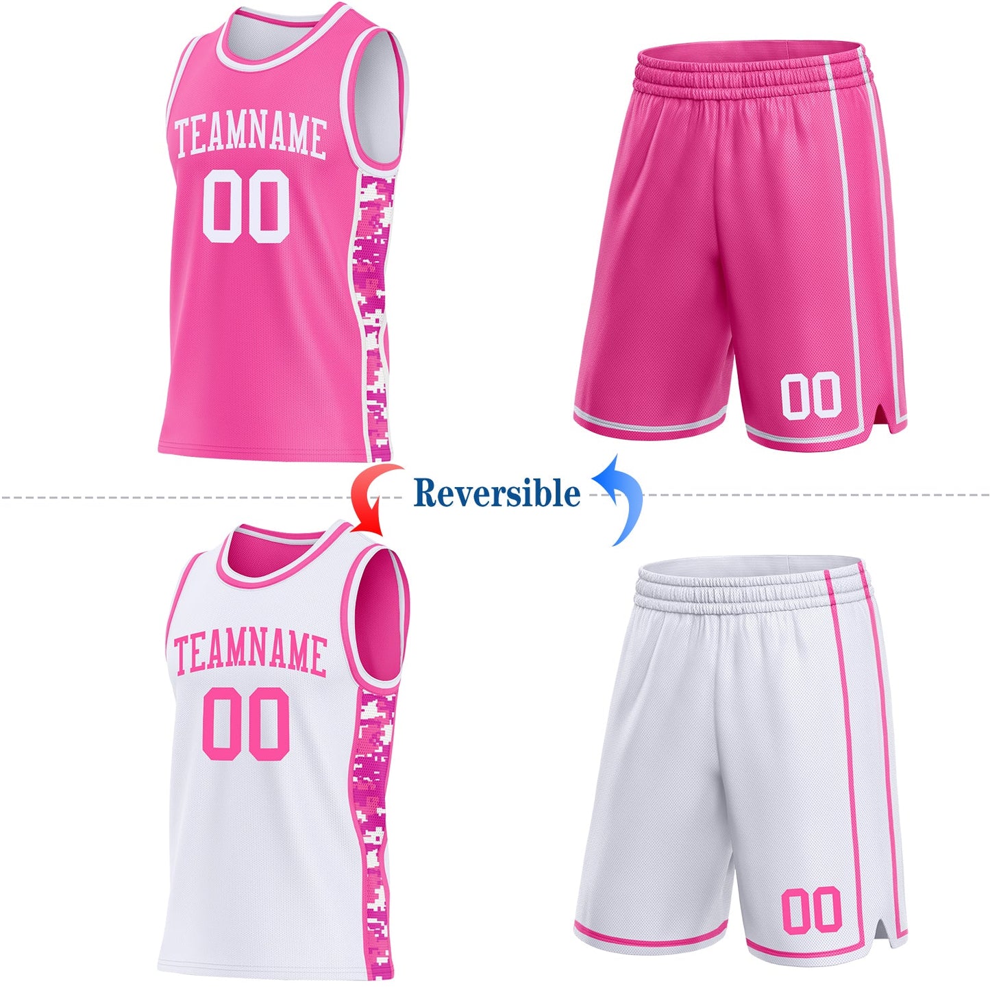 Custom Pink-White Camo Side Panel Stripe Reversible Double Side Sublimation Basketball Set Jersey view 2