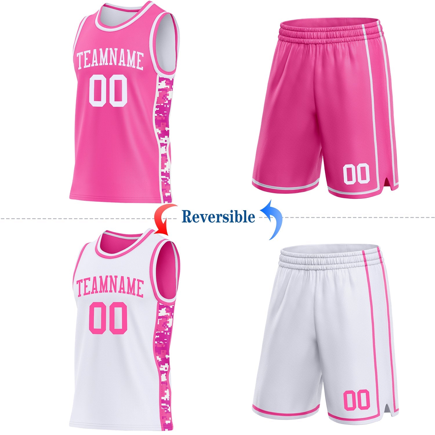 Custom Pink-White Camo Side Panel Stripe Reversible Double Side Sublimation Basketball Set Jersey view 2