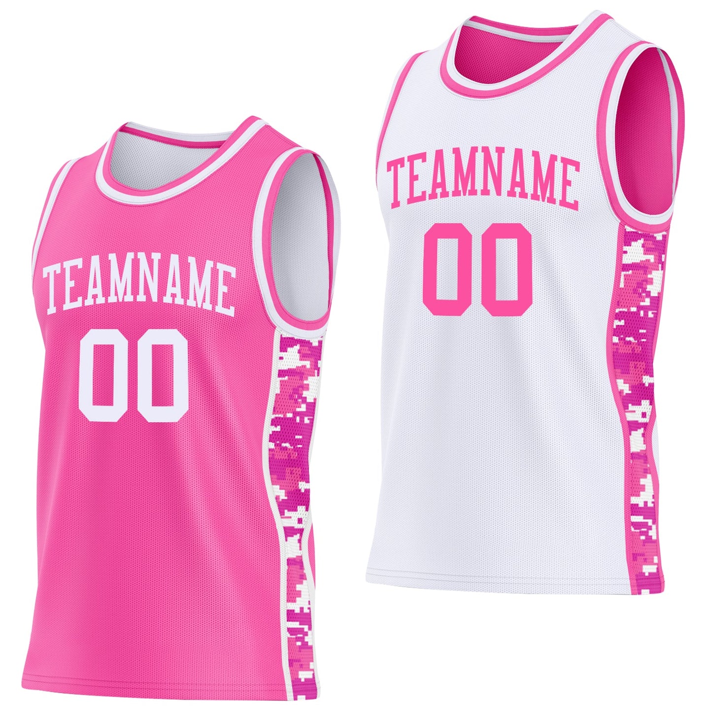Custom Pink-White Camo Side Panel Stripe Reversible Double Side Sublimation Basketball Set Jersey - Main View