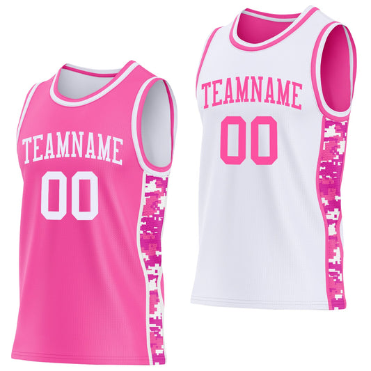 Custom Pink-White Camo Side Panel Stripe Reversible Double Side Sublimation Basketball Set Jersey - Main View