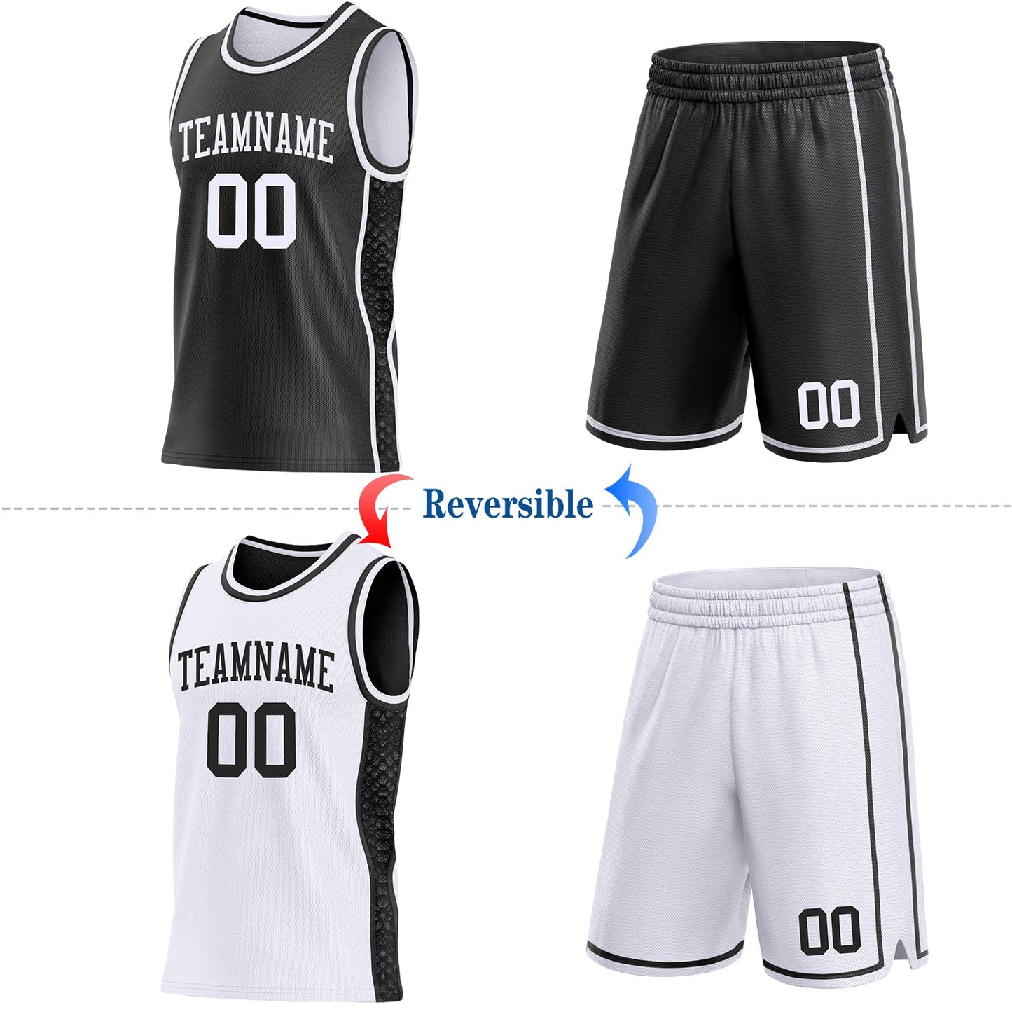 Custom Black-White Mamba Snakeskin Side Panel Stripe Reversible Double Side Sublimation Basketball Set Jersey view 2