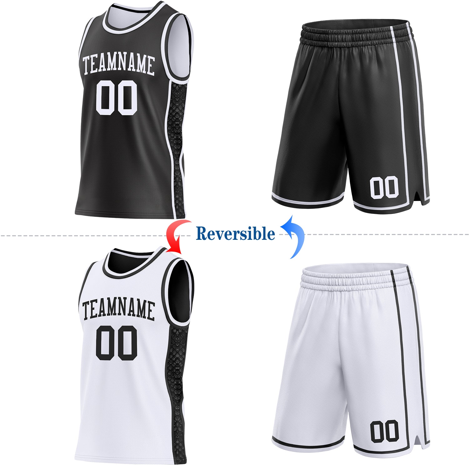 Custom Black-White Mamba Snakeskin Side Panel Stripe Reversible Double Side Sublimation Basketball Set Jersey view 2