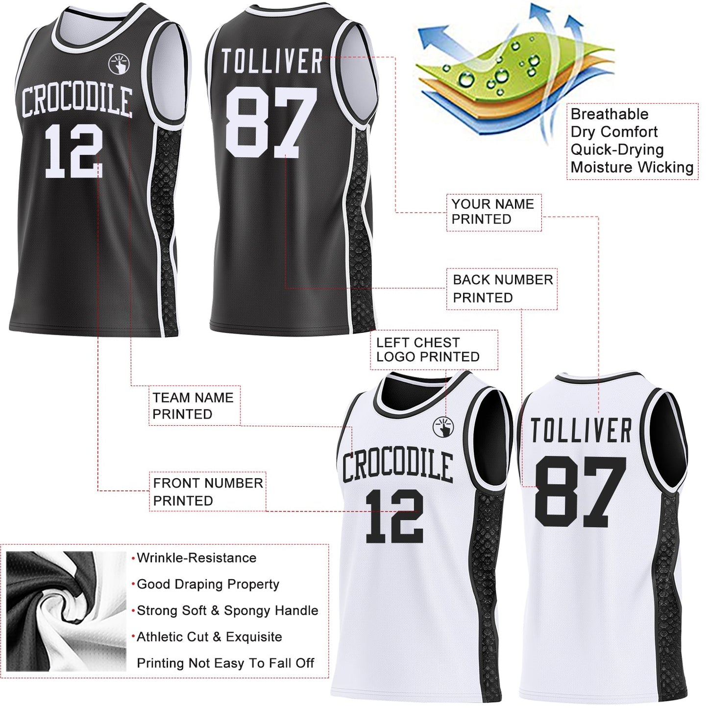 Custom Black-White Mamba Snakeskin Side Panel Stripe Reversible Double Side Sublimation Basketball Set Jersey view 3