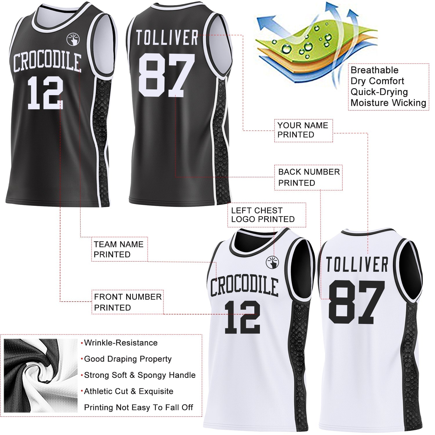 Custom Black-White Mamba Snakeskin Side Panel Stripe Reversible Double Side Sublimation Basketball Set Jersey view 3