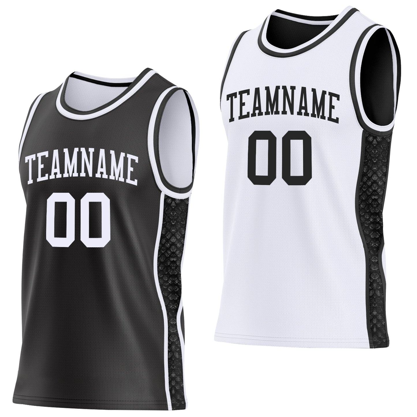 Custom Black-White Mamba Snakeskin Side Panel Stripe Reversible Double Side Sublimation Basketball Set Jersey - Main View