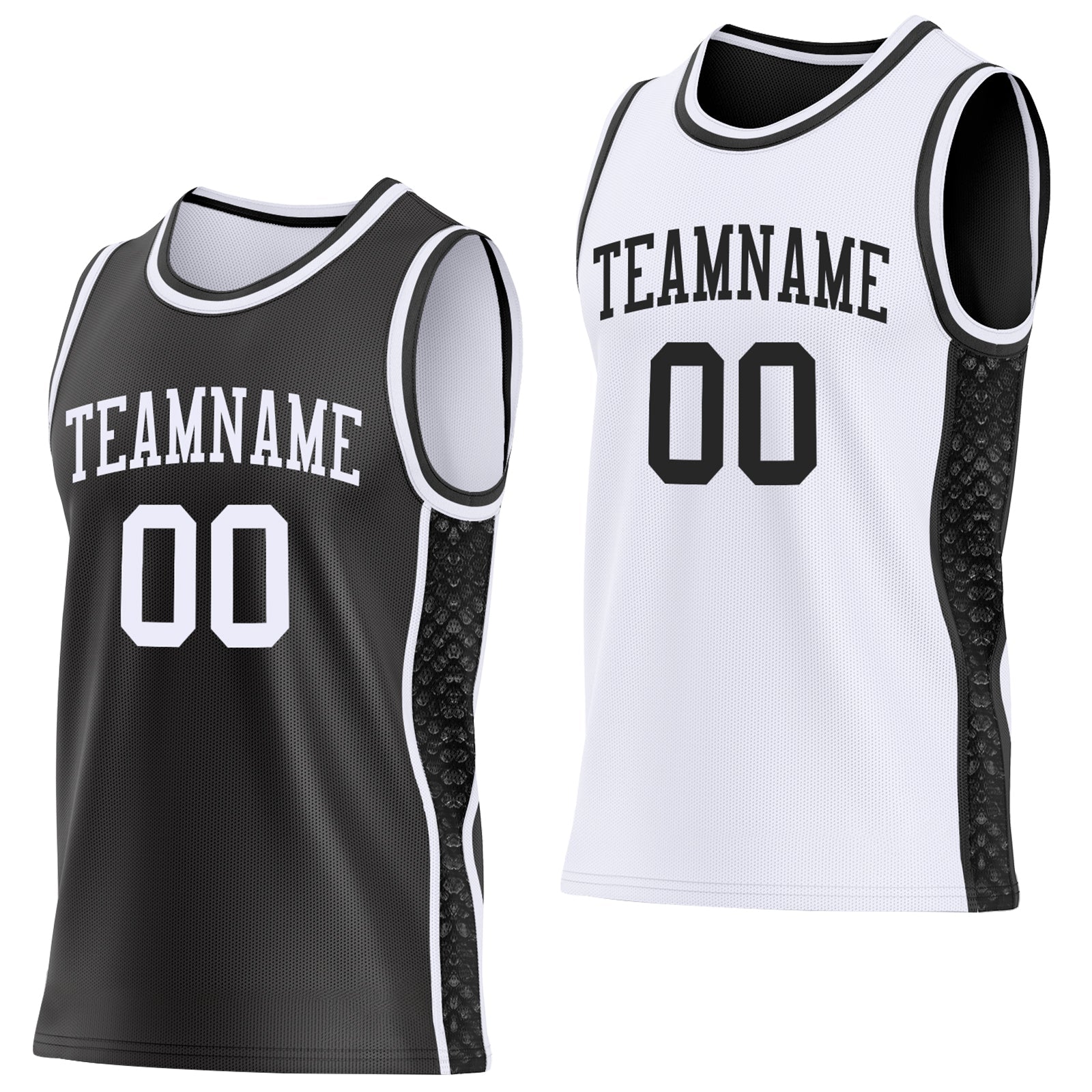 Custom Black-White Mamba Snakeskin Side Panel Stripe Reversible Double Side Sublimation Basketball Set Jersey - Main View