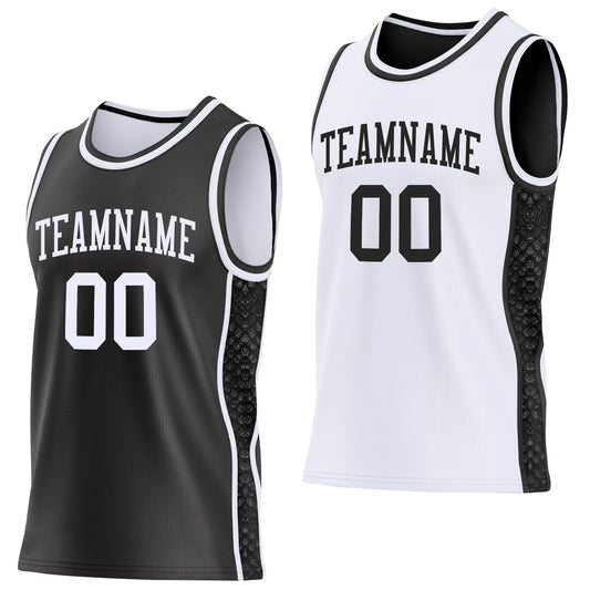 Custom Black-White Mamba Snakeskin Side Panel Stripe Reversible Double Side Sublimation Basketball Set Jersey - Main View