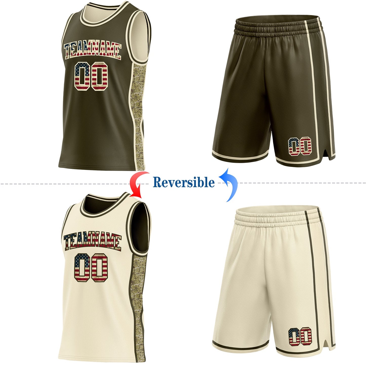 Custom Olive Vintage USA Flag-Cream Camo Side Panel Stripe Reversible Double Side Sublimation Basketball Set Jersey view 2