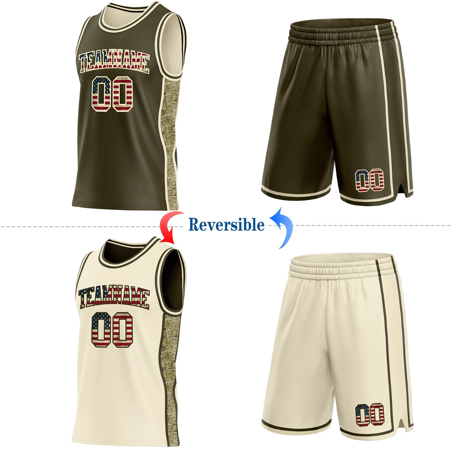Custom Olive Vintage USA Flag-Cream Camo Side Panel Stripe Reversible Double Side Sublimation Basketball Set Jersey view 2