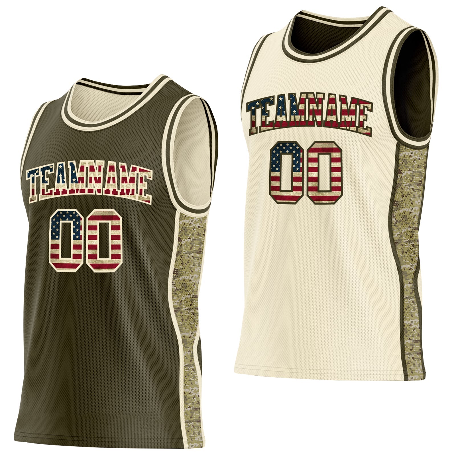 Custom Olive Vintage USA Flag-Cream Camo Side Panel Stripe Reversible Double Side Sublimation Basketball Set Jersey - Main View