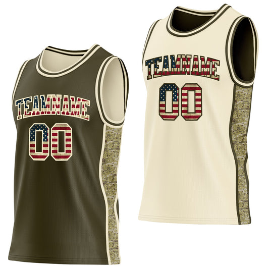 Custom Olive Vintage USA Flag-Cream Camo Side Panel Stripe Reversible Double Side Sublimation Basketball Set Jersey - Main View