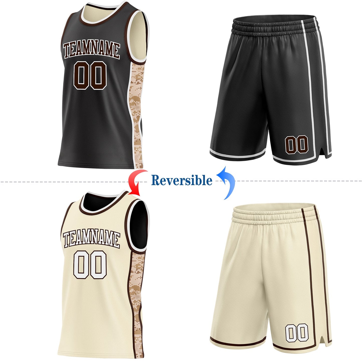 Custom Black(Cream) Brown-White Camo Side Panel Stripe Reversible Double Side Sublimation Basketball Set Jersey view 2