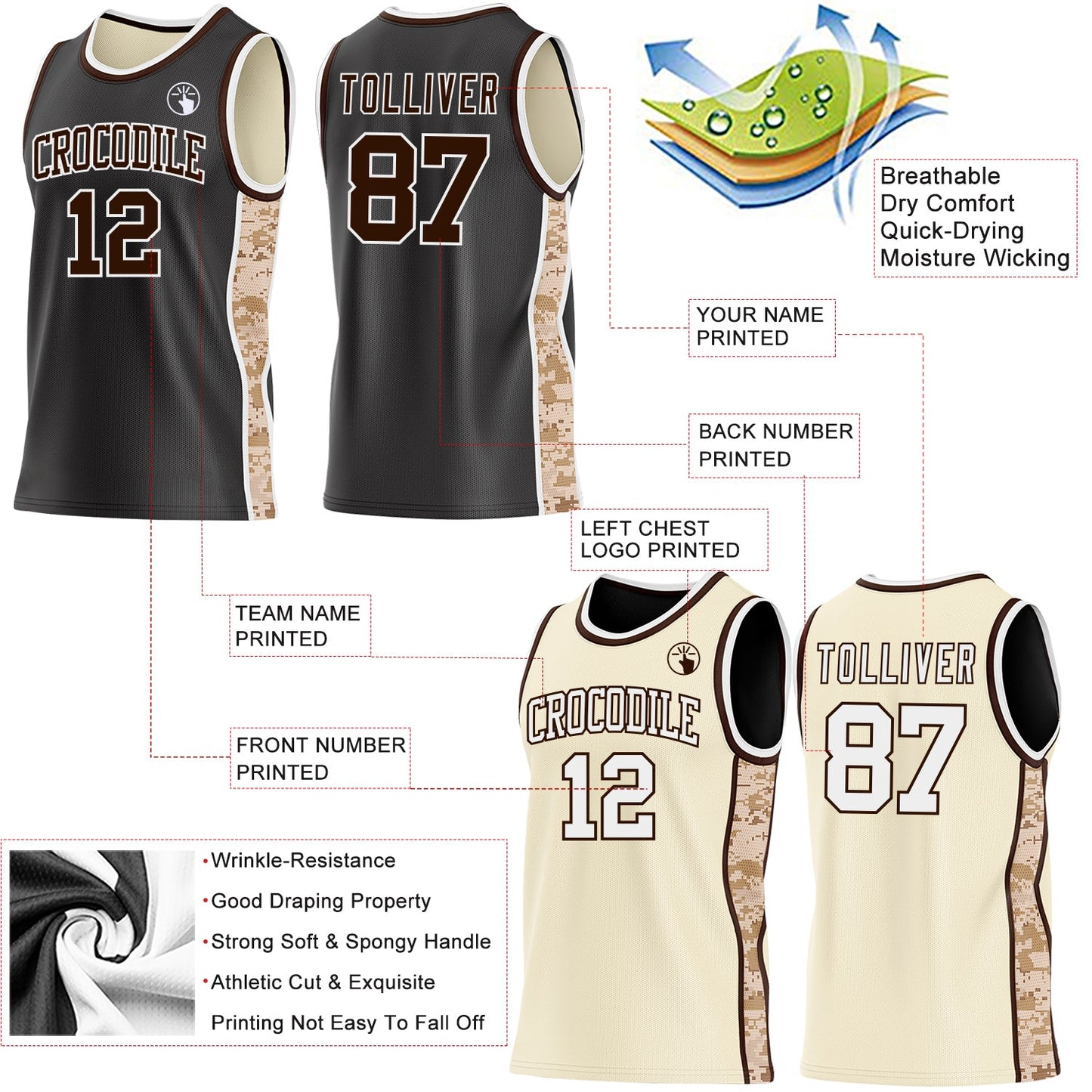 Custom Black(Cream) Brown-White Camo Side Panel Stripe Reversible Double Side Sublimation Basketball Set Jersey view 3