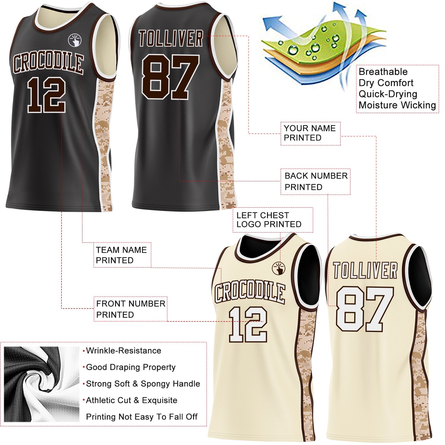 Custom Black(Cream) Brown-White Camo Side Panel Stripe Reversible Double Side Sublimation Basketball Set Jersey view 3