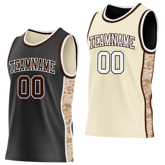 Custom Black(Cream) Brown-White Camo Side Panel Stripe Reversible Double Side Sublimation Basketball Set Jersey - Main View
