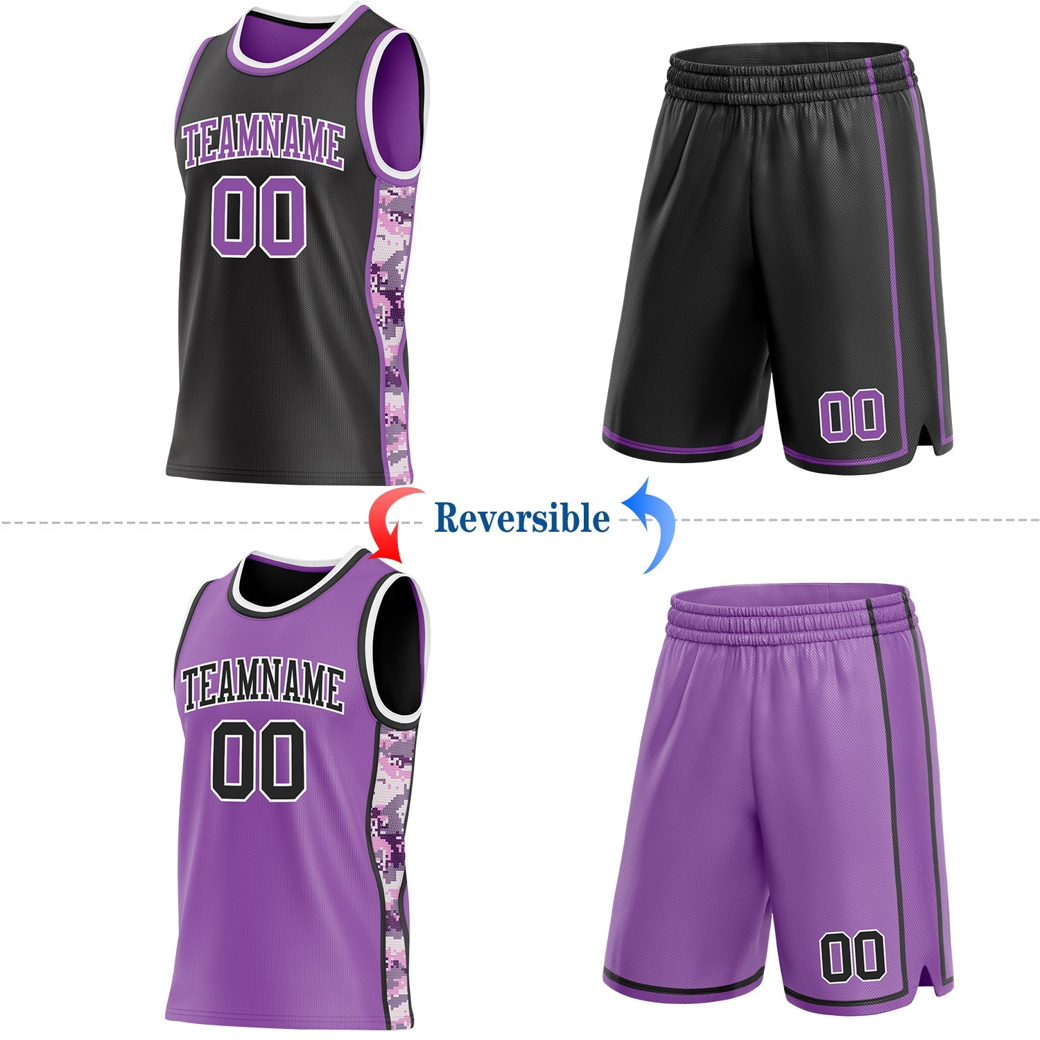 Custom Black Medium Purple-White Camo Side Panel Stripe Reversible Double Side Sublimation Basketball Set Jersey view 2