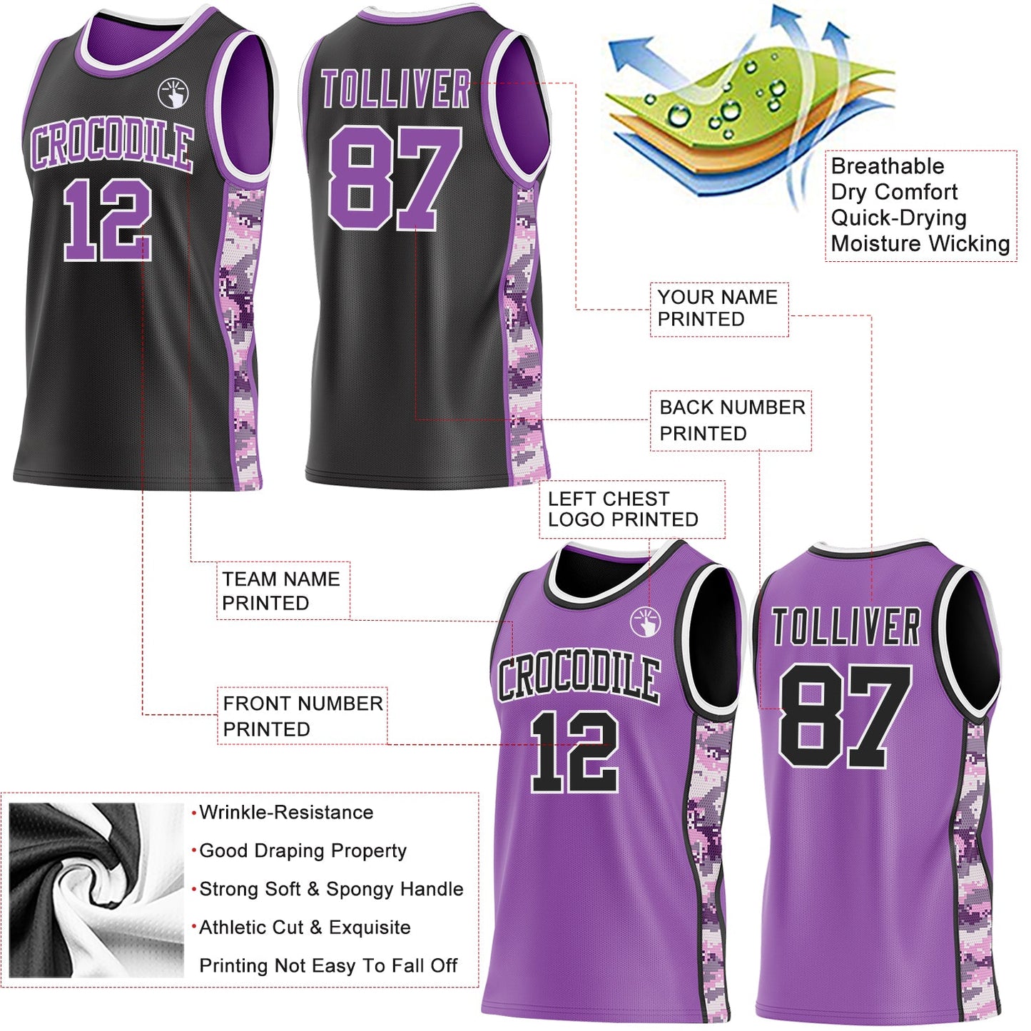Custom Black Medium Purple-White Camo Side Panel Stripe Reversible Double Side Sublimation Basketball Set Jersey view 3