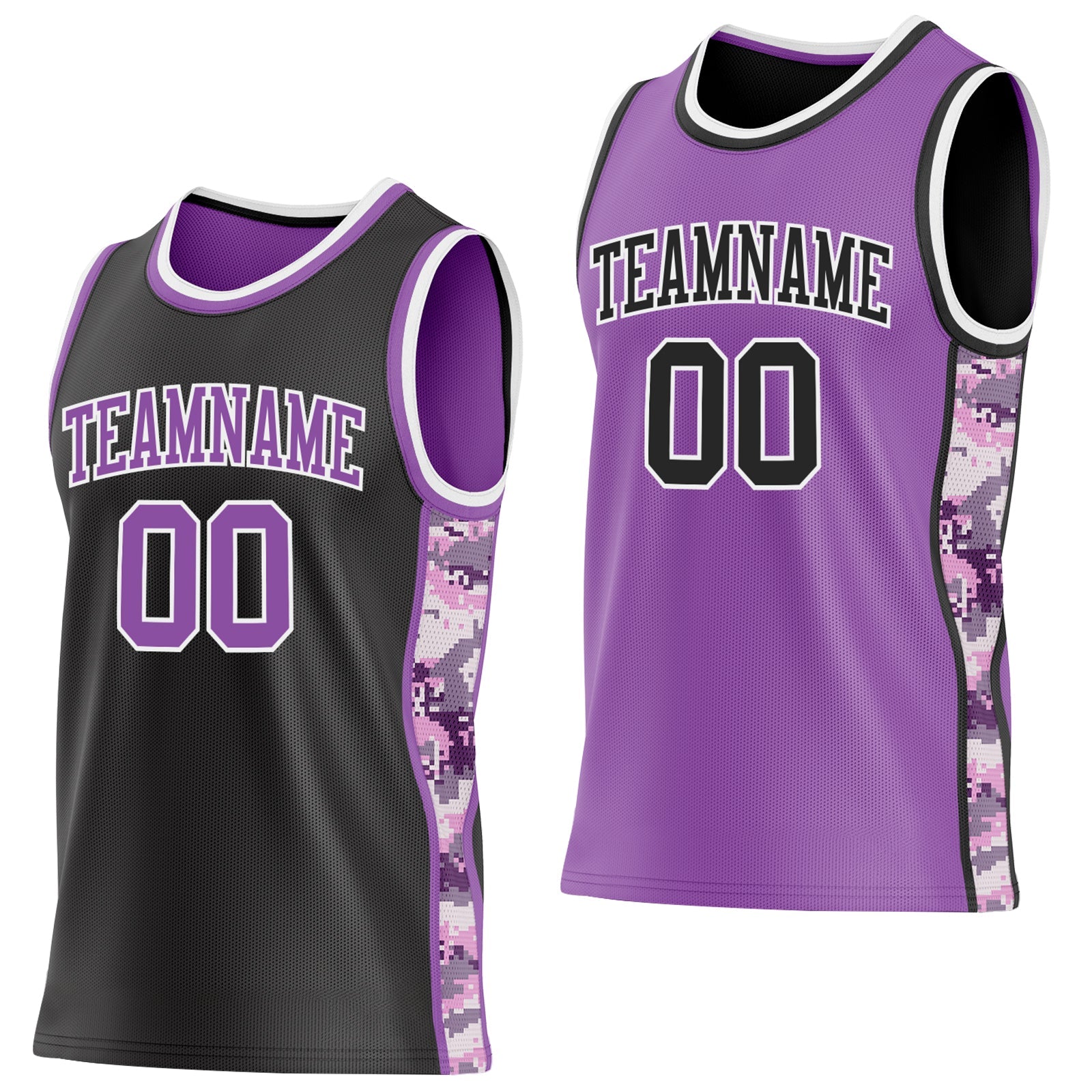 Custom Black Medium Purple-White Camo Side Panel Stripe Reversible Double Side Sublimation Basketball Set Jersey - Main View