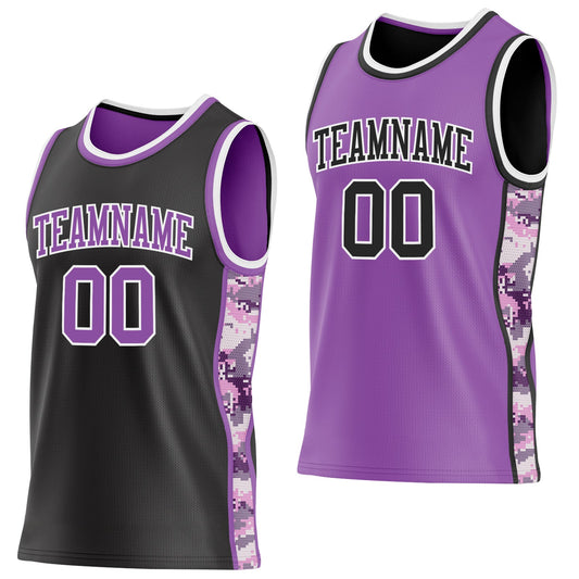 Custom Black Medium Purple-White Camo Side Panel Stripe Reversible Double Side Sublimation Basketball Set Jersey - Main View