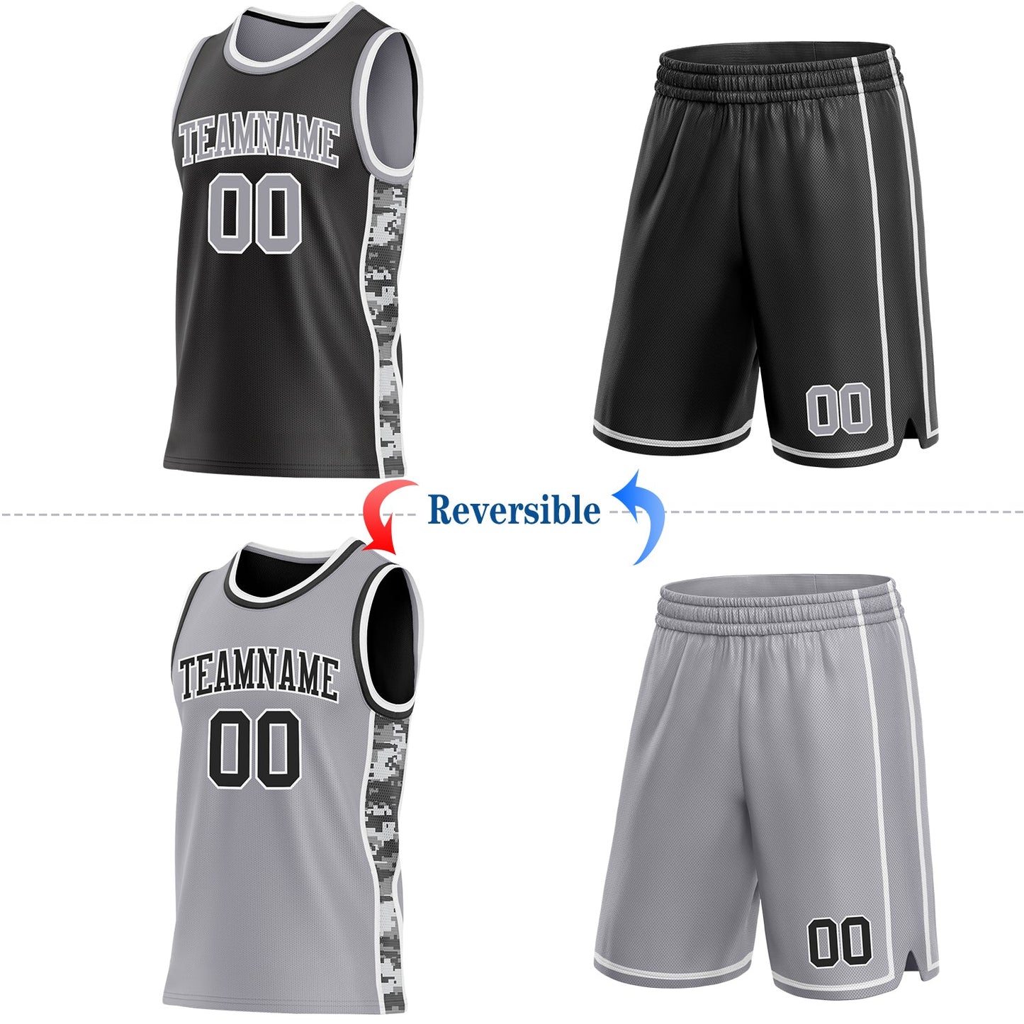 Custom Black Gray-White Camo Side Panel Stripe Reversible Double Side Sublimation Basketball Set Jersey view 2