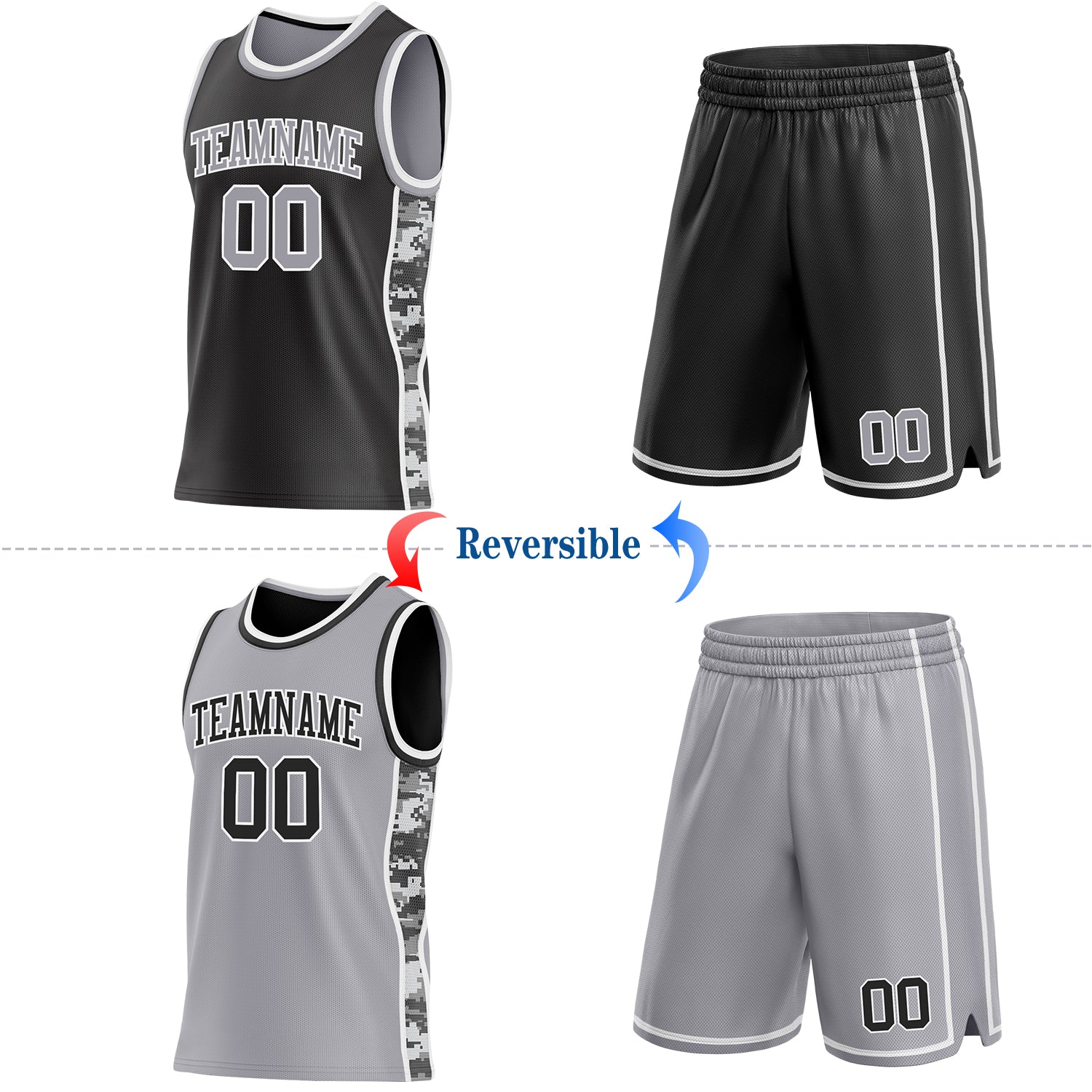Custom Black Gray-White Camo Side Panel Stripe Reversible Double Side Sublimation Basketball Set Jersey view 2