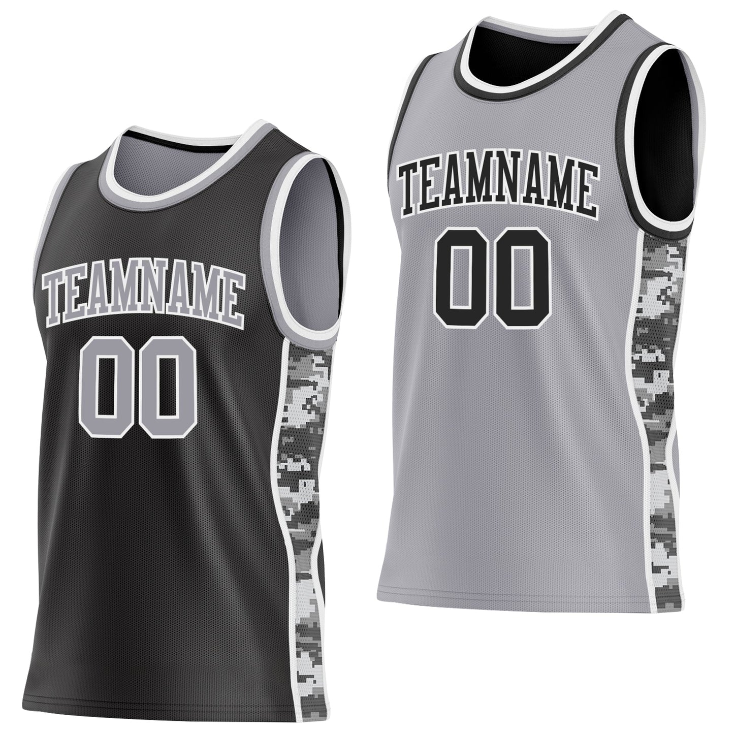 Custom Black Gray-White Camo Side Panel Stripe Reversible Double Side Sublimation Basketball Set Jersey - Main View