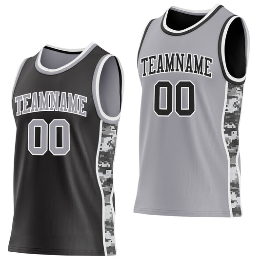 Custom Black Gray-White Camo Side Panel Stripe Reversible Double Side Sublimation Basketball Set Jersey - Main View
