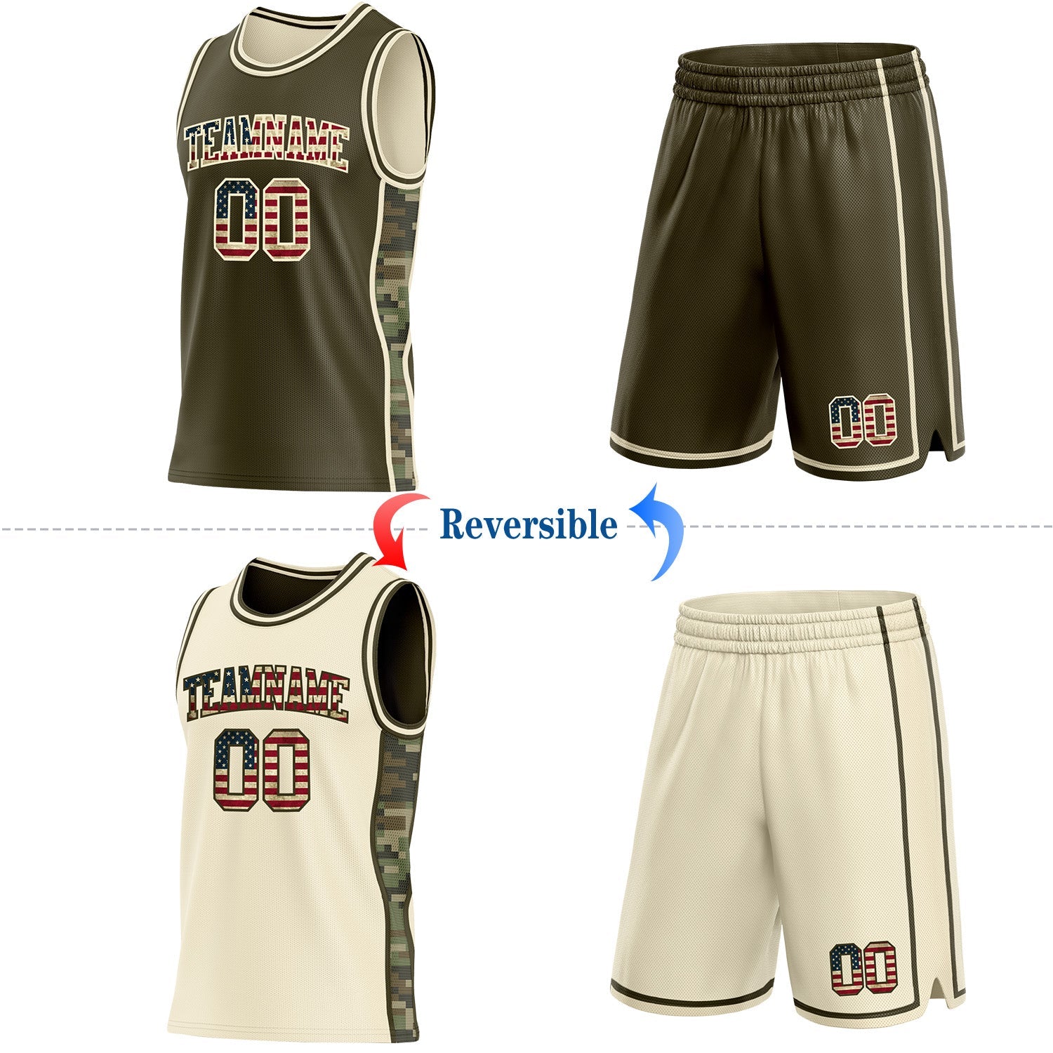 Custom Olive Vintage USA Flag-Cream Camo Side Panel Stripe Reversible Double Side Sublimation Basketball Set Jersey view 2