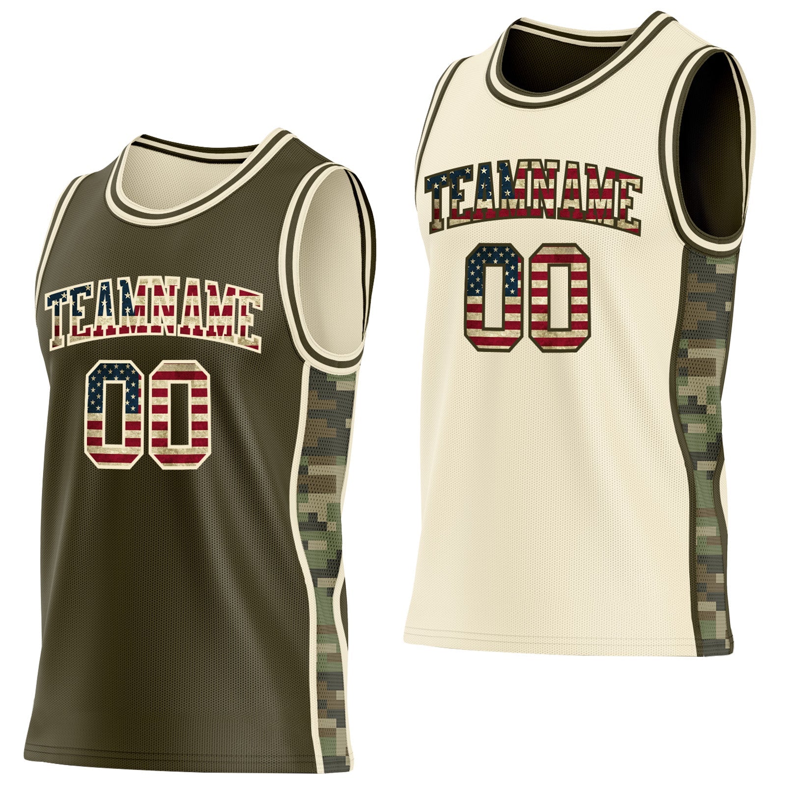 Custom Olive Vintage USA Flag-Cream Camo Side Panel Stripe Reversible Double Side Sublimation Basketball Set Jersey - Main View
